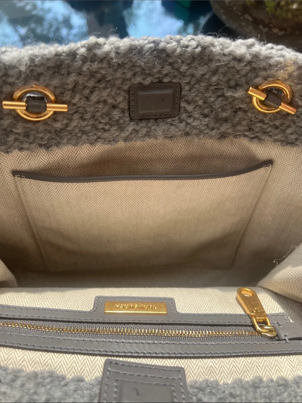 Tory Burch Gray Textured Logo Tote with Gold Chain Straps